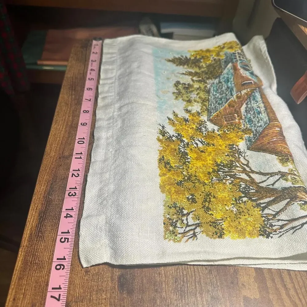 Vintage Linen Kitchen Cloth Calendar Year 1974 Old Country Mill Birthday Glitter